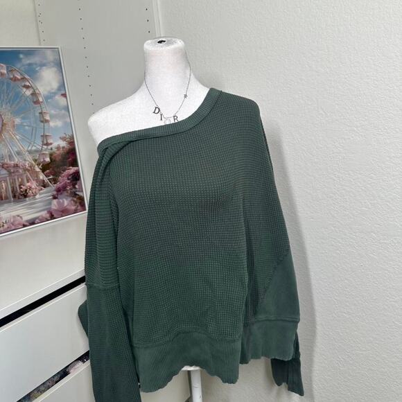 aerie Tops - aerie Dark Green Off-Shoulder Waffle Knit Top